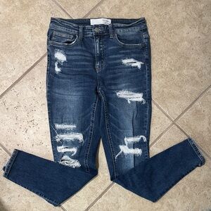 Trendy Distressed Skinny Jeans in Dark Blue